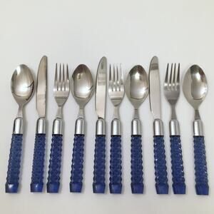Lot of 10 Lucite Acrylic Plastic Handle Flatware Blue Faceted Diamond